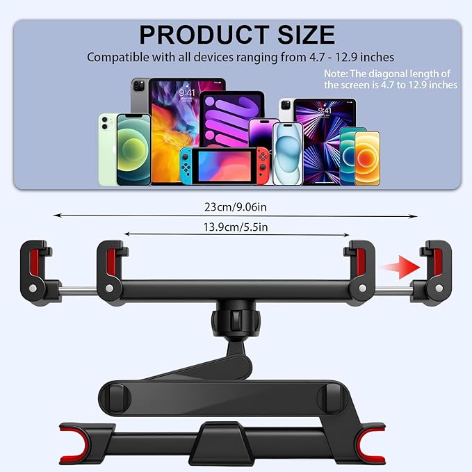 vvag Tablet Holder for Car Headrest,Adjustable iPad Backseat Mount Compatible with iPad Pro, Air, Mini, 4.7-11" Devices,Road Travel Essentials for Kids Accessories (BlackRed)