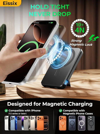 for Magsafe Power Bank, 12000mAh Magnetic Portable Charger with Adjustable Stand - Travel Essentials Wireless Battery Pack with USB-C 20W Fast Charging, LED Screen, for iPhone 17/16/15/14 Series,Navy