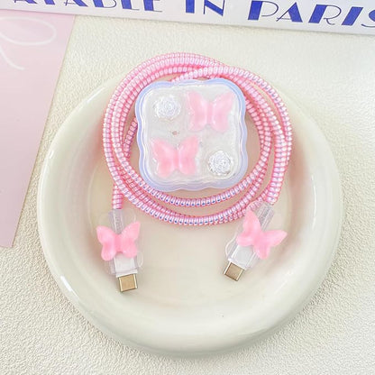 Charger Cover Set, Compatible with Apple 40W Dynamic Power Adapter (with 60W Max), DIY 3D White Floral Wave Transparent Soft Charger Case + Spiral Data Cable Protector, Pink Butterfly (5in1)