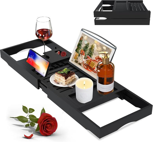 Luxury Bathtub Caddy Tray for Tub - Foldable Bamboo Bath Table Tray with Book and Wine Glass Holder, Expandable Bathroom Accessories for Spa or Reading Lite Style,Black