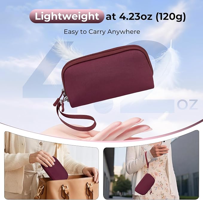 FYY Travel Cable Organizer - 8 Compartments, Lightweight, Water Repellent | With Wrist Strap, Portable Tech Pouch for Cord Charger, Travel and Business Trips Use, Soft Shell Nylon, Wine Red (Medium)