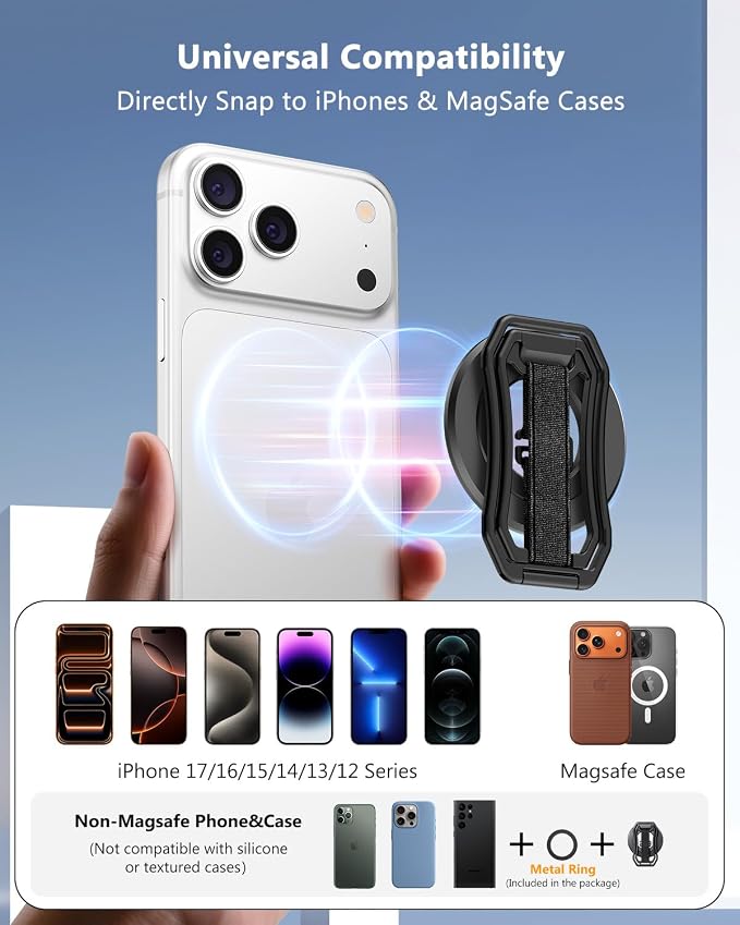 Oerwin for Magsafe Phone Grip Stand, 6-in-1 Magnetic Phone Holder for Magsafe Kickstand, 360° Rotation Phone Ring Holder with Elastic Strap, Compatible with iPhone 17/16/15/14/13/12 Series & Android