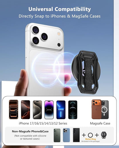 Oerwin for Magsafe Phone Grip Stand, 6-in-1 Magnetic Phone Holder for Magsafe Kickstand, 360° Rotation Phone Ring Holder with Elastic Strap, Compatible with iPhone 17/16/15/14/13/12 Series & Android