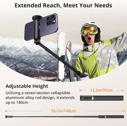 ATUMTEK Selfie Stick Tripod, All-in-one Extendable Aluminum Phone Tripod with Rechargeable Bluetooth Remote, 360 Rotatable for iPhone 17 16 Pro Max/15/14/13 Samsung Smartphones, Black