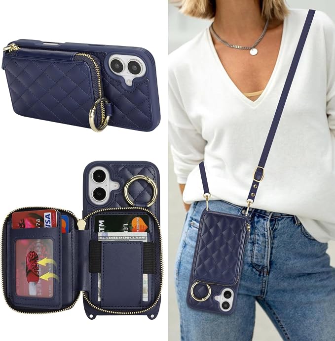 Crossbody Wallet Case for iPhone 17, PU Leather Zipper Handbag Purse Flip Cover, Kickstand Folio Case with Card Slots Holder Wrist Strap Lanyard 5G 6.3 Inch-Blue