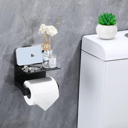 Toilet Paper Holder with Phone Shelf, Self Adhesive Aluminum Tissue Roll Dispenser for Mega Roll, Wall Mounted Toilet Paper Roll Holder for Bathroom, Matte Black