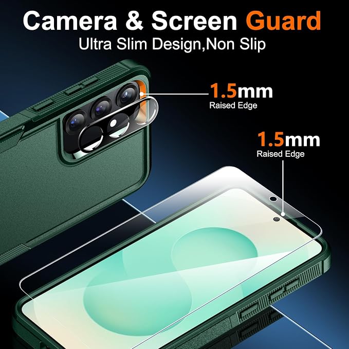 SPIDERCASE Designed for Samsung Galaxy S25 Case, [10 FT Military Grade Drop Protection], 2 Pack [Tempered Glass Screen Protector+Camera Lens Protector] Heavy Duty Shockproof Case, Deep Green