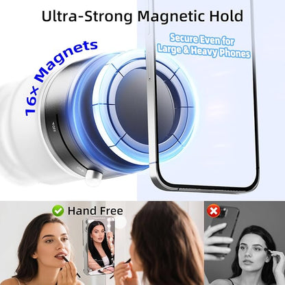 pop-tech Magnetic Vacuum Suction Mirror Phone Holder (Smooth Mirror Surface Only), Gym Bathroom Kitchen Shower Phone Mount for Magsafe iPhone Android Makeup, Selfies, Videos