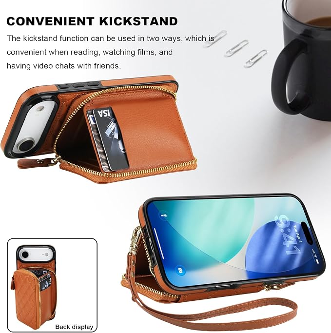 Bocasal Crossbody Wallet Case for iPhone 17 Air, RFID Blocking PU Leather Zipper Handbag Purse Flip Cover, Kickstand Folio Case with Card Slots Holder Wrist Strap Lanyard 5G 6.5 Inch (Brown)