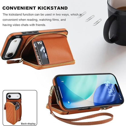 Bocasal Crossbody Wallet Case for iPhone 17 Air, RFID Blocking PU Leather Zipper Handbag Purse Flip Cover, Kickstand Folio Case with Card Slots Holder Wrist Strap Lanyard 5G 6.5 Inch (Brown)