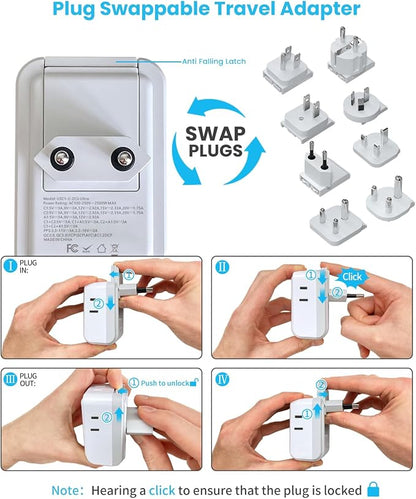 Universal Travel Adapter Kit, VINTAR PD 35W International Power Adapter with 4 AC 3 USB Ports(2 USB C), Type A,B,C,D,E/F,G,I,M Swap Adapt Attachments, Travel Adapter Worldwide for Europe/Africa/AUS