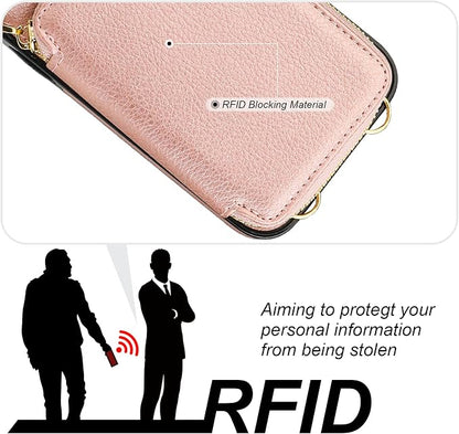 Bocasal RFID Blocking Wallet Case for iPhone 11, Adjustable Crossbody Zipper Purse Case Card Holder with Kickstand Detachable Wrist Strap, PU Leather Flip Folio Case 6.1 Inch (Rose Gold)