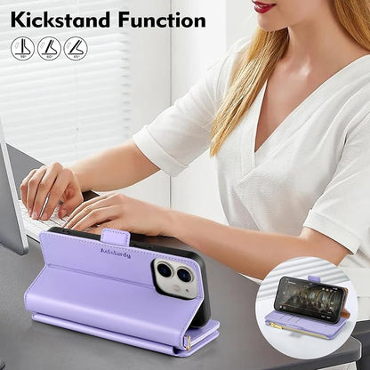 Antsturdy Compatible with iPhone 12 Wallet Case,RFID Blocking PU Leather Phone Case Women Men Kickstand Flip Cover Wrist Strap Zipper Credit Card Holder Slots,for Apple 12 Pro 6.1",Light Purple