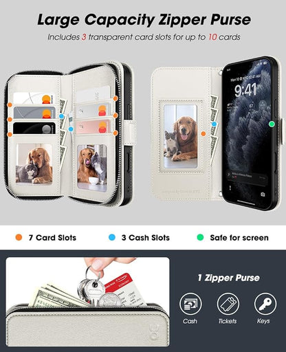 OCASE for iPhone 17 Crossbody Wallet Case - Stylish PU Leather Handbag Phone Purse with Zipper Closure, Card Slots & RFID Blocking - Wrist Strap, Lanyard, Kickstand - Cream