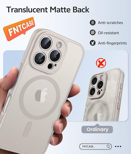 FNTCASE for iPhone 16 Pro Max Case, Fit for Magsafe, Glass Screen Protector | Full Camera Protection, Translucent Matte, 14FT Military Grade Drop Proof, Shockproof Protective Phone Cover, Off White