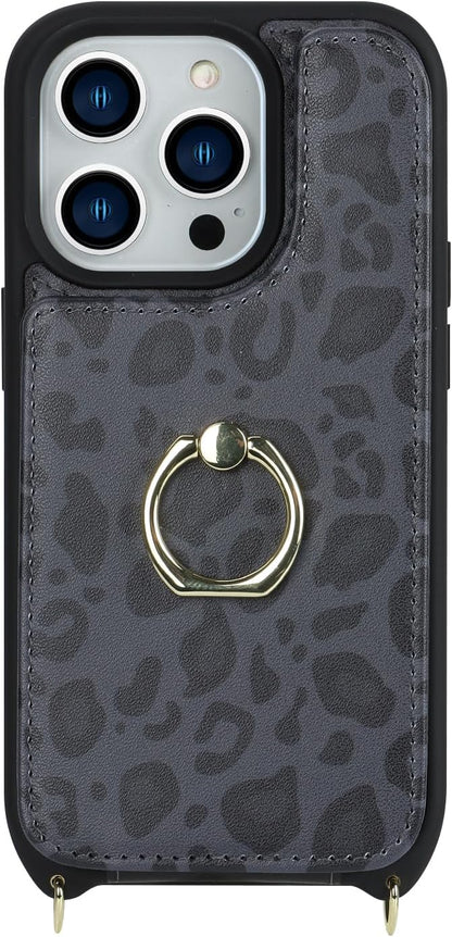 Lipvina for iPhone 14 Pro Case with Card Holder for Women,Phone Case with Strap,Crossbody Lanyard,RFID Blocking,Ring Stand,Snap Clasp,Cute Wallet Case 6.1 inch(Black Leopard)