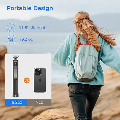 Selfie Stick Travel Tripod for Cell Phone with Remote Control and Phone Holder, Extendable Selfie Stick for iPhone, iPhone Tripod for Video Recording, 72 Inch, Black