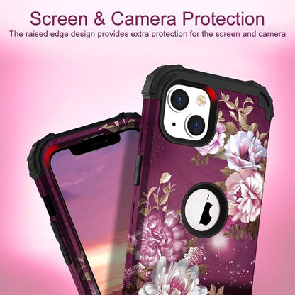 Hocase for iPhone 14 Plus Case, Heavy Duty Shockproof Protection Soft Silicone Rubber+Hard Plastic Bumpers Hybrid Protective Case for iPhone 14 Plus 6.7" 2022 - Royal Purple Flowers