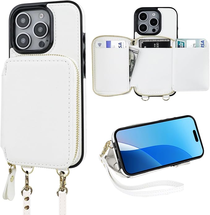 Bocasal RFID Blocking Wallet Case for iPhone 16 Pro, Adjustable Crossbody Zipper Purse Case Card Holder with Kickstand Detachable Wrist Strap, PU Leather Flip Folio Case 6.3 Inch 5G (White)