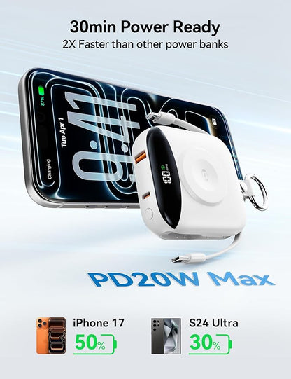 Portable Charger Power Bank, 10000mAh Fast Charging Power Bank with Built-in Cables, Travel Keychain Battery Pack with LED Display for iPhone Samsung Android iPad iWatch Charger 11/10/9/8/Ultra, White