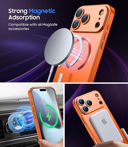 Magnetic for iPhone 17 Pro Case, Compatible with MagSafe, Built-in Camera Lens Protector, Slim Thin Soft Silicone Bumper Shockproof Metallic Luster Phone Case (Orange)