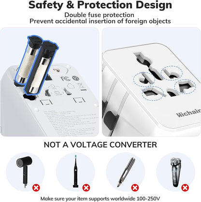 Hichain 35W Universal Travel Adapter, 7-in-1 International Power Adapter | Fast Charging Adapter for Europe Plug Universal Power Block, GaN Travel Adapter Worldwide Portable Plug for EU, UK, US, AUS