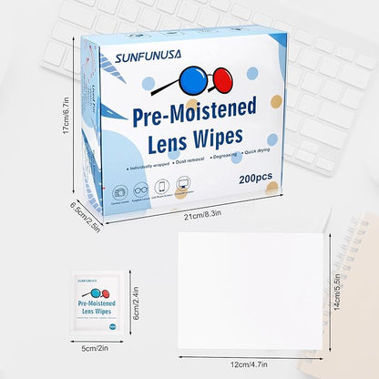 200 Count Lens Cleaning Wipes-Pre-Moistened Individually Wrapped Eyeglass Wipes Optical Screen Cleaner Streak Free Fast Drying