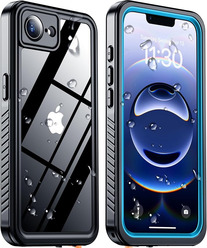 Temdan Compatible with iPhone 16e Case Waterproof, Built-in Screen & Camera Protector IP68 Underwater Full Body 16FT Military Dropproof Shockproof Phone Case for iPhone 16e 6.1"-Blue/Clear