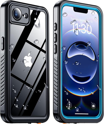 Temdan Compatible with iPhone 16e Case Waterproof, Built-in Screen & Camera Protector IP68 Underwater Full Body 16FT Military Dropproof Shockproof Phone Case for iPhone 16e 6.1"-Blue/Clear
