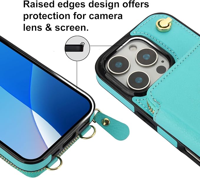 Bocasal Crossbody Wallet Case for iPhone 16 Pro, RFID Blocking Leather Purse Case with Card Holder, Protective Handbag Flip Cover with Zipper Wrist Strap Lanyard for Women 5G 6.3 Inch (Mint Green)