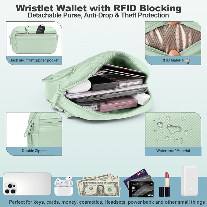 YFWE Clip and Go Strap for Phone with Wallet Crossbody, Adjustable Phone Lanyard with Detachable RFID Wristlet Wallet, Pattern Strap - Green (L)