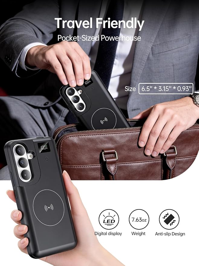 NEWDERY Battery Case for Galaxy S25 FE, 10000mAh Portable Protective Charging Case Backup Power Bank Battery Pack, Sync-Data Supported, Digital Display, Compatible with Samsung Galaxy S25 FE 6.7‘’