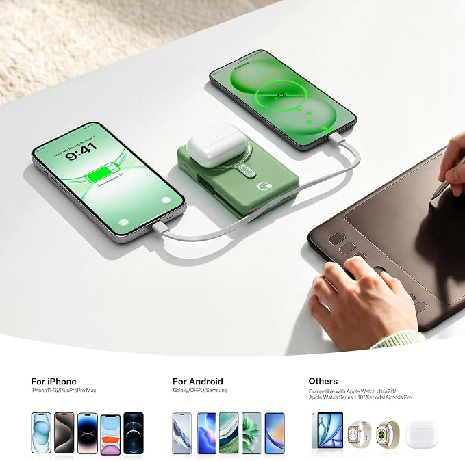 Q Magnetic Wireless Portable Charger 10,000mAh, Travel Essentials Power Bank with Built-in Cables & Foldable Stand, External Battery Pack Compatible with iPhone 17/16/15/14/13/12, Apple Watch