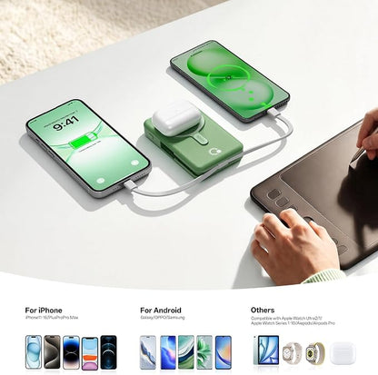 Q Magnetic Wireless Portable Charger 10,000mAh, Travel Essentials Power Bank with Built-in Cables & Foldable Stand, External Battery Pack Compatible with iPhone 17/16/15/14/13/12, Apple Watch