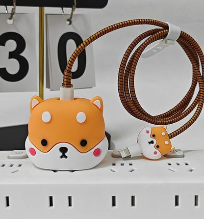 Compatible with iPhone 18W/20W USB-C Charger Protector Cover, 3D Cute Cartoon Charger Case for Apple iPhone 20W USB-C Power Adapter and Lightning Cable Protective Wire Saver (Cute Shiba Inu)