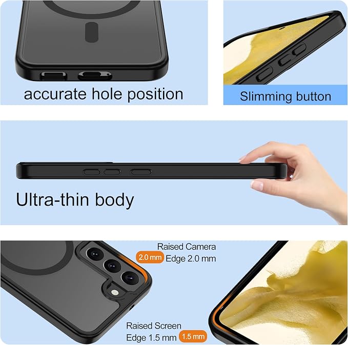 Pilaru for Samsung Galaxy S22 Case [Compatible with Magsafe] Translucent Matte Magnetic Phone Case,Slim Thin Duty Shockproof Protection Cover with 2pc HD Screen Protector-Black