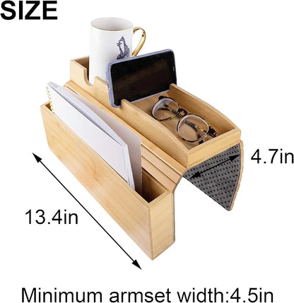 Bamboo Couch Cup Holder Tray, Couch Armrest Table with Side Storage Pocket and Phone Holder, Non-Slip Couch Caddy Tray for Drinks, Snacks, Remote and Phone