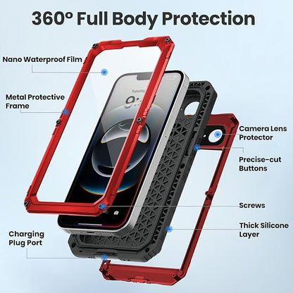Mitywah Waterproof Case for iPhone 16e and for iPhone 17e, Shockproof Heavy Duty Case with Built-in Screen Protector, Underwater Full Body Protective Metal Case 6.1 inch, Red