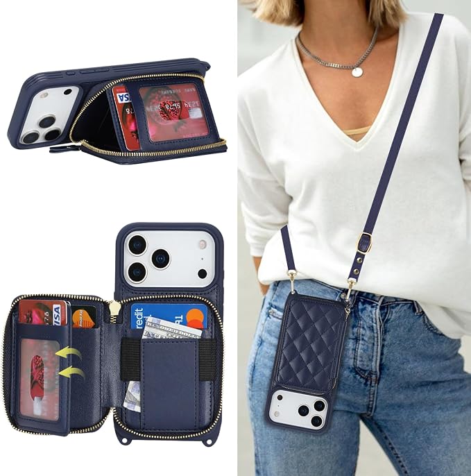 Crossbody Wallet Case for iPhone 17 Pro, PU Leather Zipper Handbag Purse Flip Cover, Kickstand Folio Case with Card Slots Holder Wrist Strap Lanyard 5G 6.3 Inch-Blue