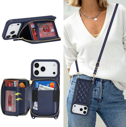Crossbody Wallet Case for iPhone 17 Pro, PU Leather Zipper Handbag Purse Flip Cover, Kickstand Folio Case with Card Slots Holder Wrist Strap Lanyard 5G 6.3 Inch-Blue