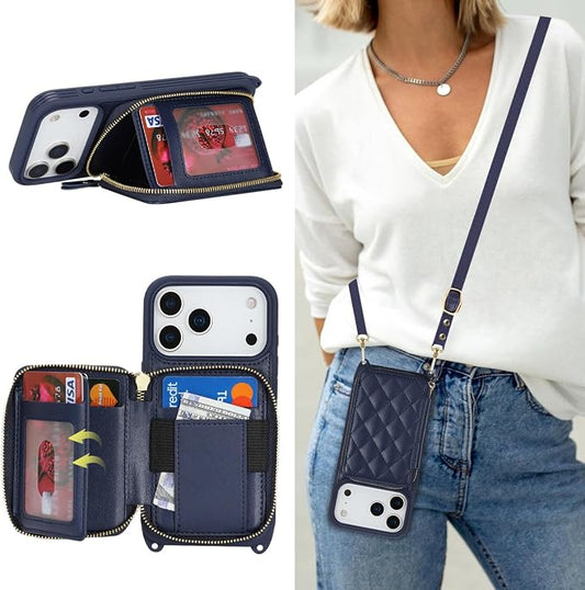 Crossbody Wallet Case for iPhone 17 Pro, PU Leather Zipper Handbag Purse Flip Cover, Kickstand Folio Case with Card Slots Holder Wrist Strap Lanyard 5G 6.3 Inch-Blue