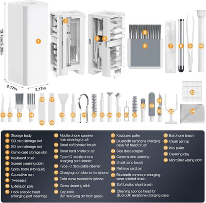 34-in-1 for iPhone Cleaning Kit, Sunoyar Airpods Cleaning Kit Multi-Functional, Laptop Cleaning Kit with Portable Storage Case for iPhone Charging Port USB C Cell Phone Android Keyboard Earbud White