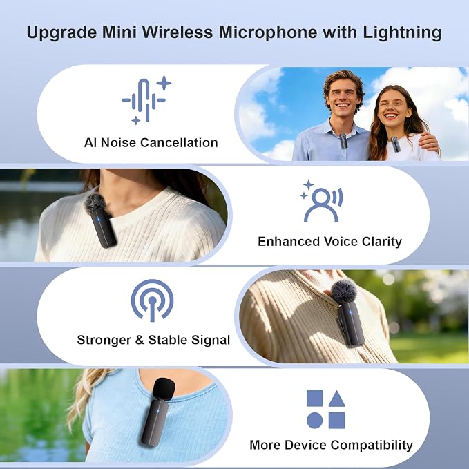 2-Pack Wireless Mini Lavalier Lapel Microphone for iPhone,iPad(Lightning) - 65ft Cordless Clip on Dual Mics with Noise Reduction 6H Working Time for Video Recording Vlogging, YouTube, Interview