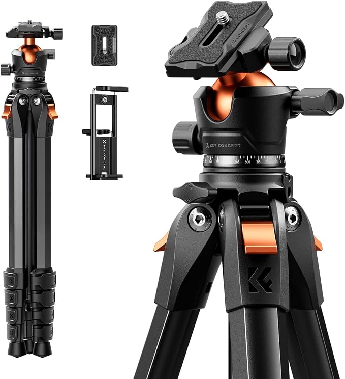 K&F CONCEPT 63" Aluminum Travel Camera Tripod with Arca-Compatible Ball Head, Compact Portable Lightweight Tripod Weighs 2.6 lb, Max Load 22 lb for DSLR Mirrorless Spotting Scope iPhone Teleprompter