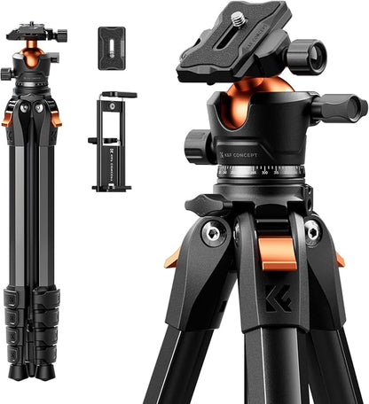K&F CONCEPT 63" Aluminum Travel Camera Tripod with Arca-Compatible Ball Head, Compact Portable Lightweight Tripod Weighs 2.6 lb, Max Load 22 lb for DSLR Mirrorless Spotting Scope iPhone Teleprompter