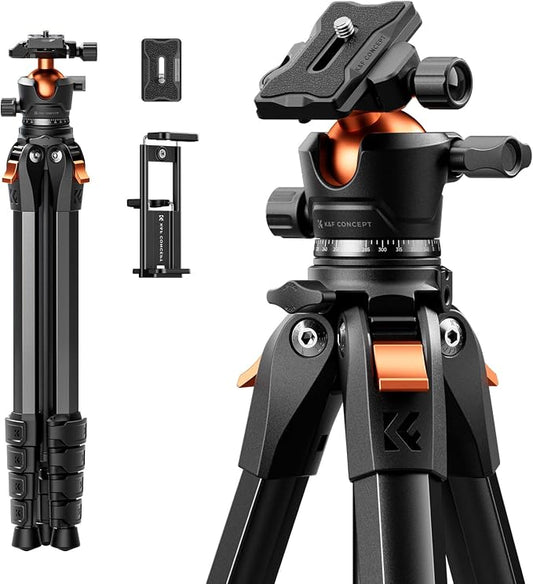 K&F CONCEPT 63" Aluminum Travel Camera Tripod with Arca-Compatible Ball Head, Compact Portable Lightweight Tripod Weighs 2.6 lb, Max Load 22 lb for DSLR Mirrorless Spotting Scope iPhone Teleprompter