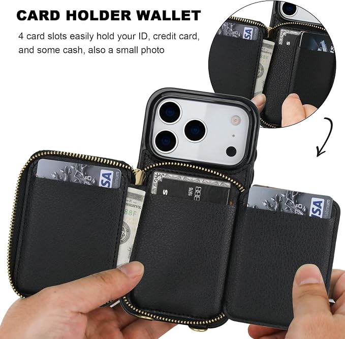 Bocasal Crossbody Wallet Case for iPhone 17 Pro, RFID Blocking PU Leather Zipper Handbag Purse Flip Cover, Kickstand Folio Case with Card Slots Holder Wrist Strap Lanyard 5G 6.3 Inch (Black)