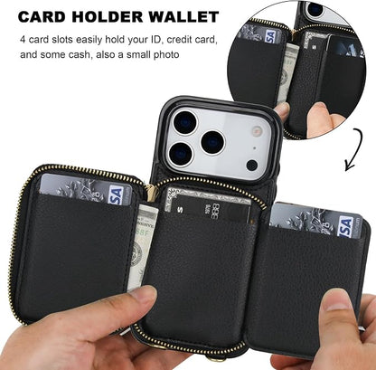 Bocasal Crossbody Wallet Case for iPhone 17 Pro, RFID Blocking PU Leather Zipper Handbag Purse Flip Cover, Kickstand Folio Case with Card Slots Holder Wrist Strap Lanyard 5G 6.3 Inch (Black)