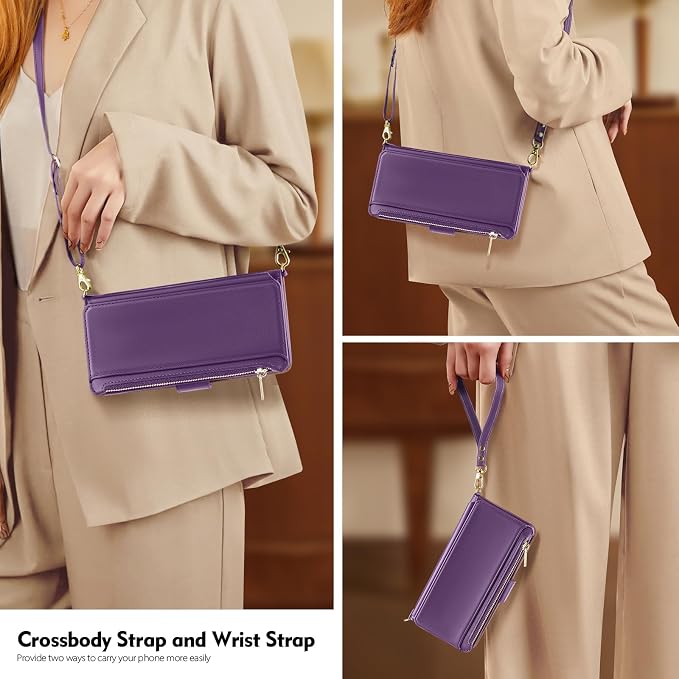 Antsturdy Compatible with iPhone 15 Wallet Case for Women【RFID Blocking】 Crossbody Phone Case PU Leather Zipper Wrist Strap Flip Protective Cover Credit Card Holder Slots,for Apple 15 6.1",Purple