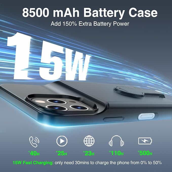 GIN FOXI Battery Case for iPhone 16 Pro Max,Charging Case with Stand, 8500mAh Rechargeable Ultra-Slim Anti-Fall Protection Extended Battery Pack Juice Box for iPhone 16 Pro Max 6.9" Black